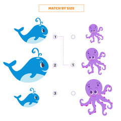 Match by size for cartoon whale and octopus.