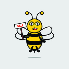 Cute cartoon bee character holding sale sign designs in concept 3d cartoon style