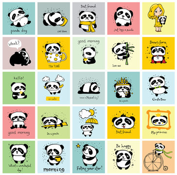 Cute baby pandas. Toy animals chinese symbols panda bear adorable funny baby mascot vector characters collection in cartoon style. Illustration of panda bear