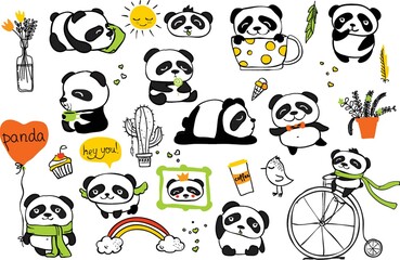 Fototapeta premium Cute baby pandas. Toy animals chinese symbols panda bear adorable funny baby mascot vector characters collection in cartoon style. Illustration of panda bear