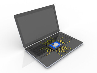 3d render Laptop computer with microchips