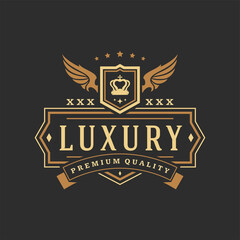 Luxury logo template vector object for logotype or badge design. Trendy vintage royal style illustration, good for fashion boutique, alcohol or hotel brand
