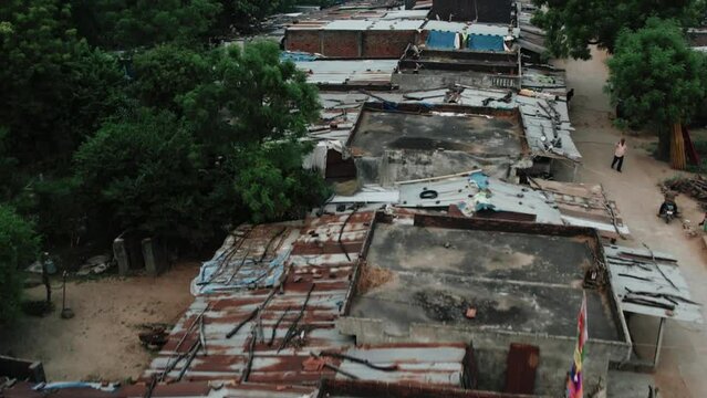 Old abandoned homes, Close up of Indian village houses roof tops top view, old homes view from above, historic rural homes