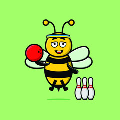 Cute cartoon bee character playing bowling in 3d modern style design