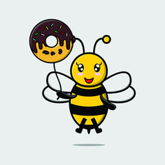 Cute cartoon bee floating with donuts balloon cartoon vector illustration 