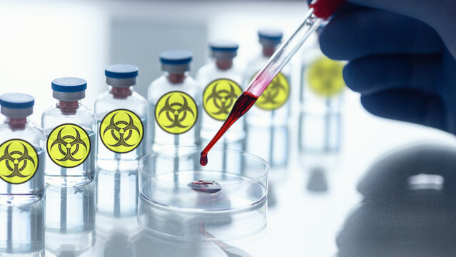 Research on bioweapons in a lab. A pipette with blood sample, Petri dishes next to a row of ampoules with a bio-hazard sign, close-up, selected focus.