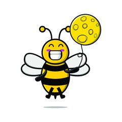 Cute cartoon bee floating with moon balloon cartoon vector illustration 
