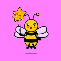 Cute cartoon bee floating with star balloon cartoon vector illustration  