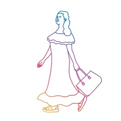 Young girl in dress walking in street. Rainbow gradient.