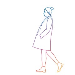 Young woman in a coat walks down the street. Rainbow gradient.