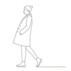 Young woman in a coat walks down the street.