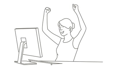 Young girl with computer, celebrating success.