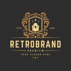 Obraz premium Luxury logo template vector object for logotype or badge design. Trendy vintage royal style illustration, good for fashion boutique, alcohol or hotel brand