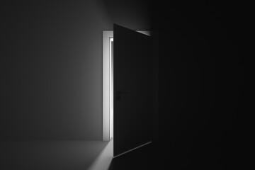 Ajar door to a mysterious brightly lit room - obrazy, fototapety, plakaty