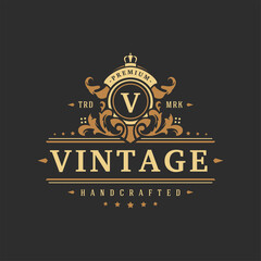 Luxury logo template vector object for logotype or badge design. Trendy vintage royal style illustration, good for fashion boutique, alcohol or hotel brand