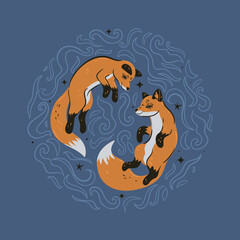 Composition with two foxes in a circle. Vector graphics.