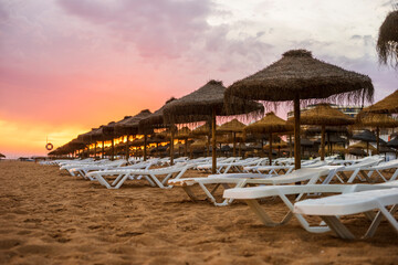 Beautiful colorful sunset on the beach in Vilamoura, Algarve, Portugal