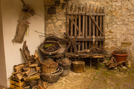 An old wooden door in Poffabro, an historic medieval village in the Val Colvera valley in Pordenone province, Friuli-Venezia Giulia, north east Italy
