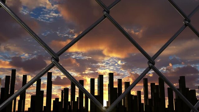 Big city behind fence with barbed wire with restricted area and forbidden zone sign. Access denied for refugees from third world countries. Concept of migration crisis and closed frontier borders.