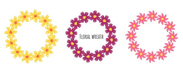 Set of circle brush strokes, hand drawn frame with a wreath of flowers. Vector illustration