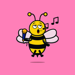 Cute cartoon bee singer character holding mic in 3d modern style design