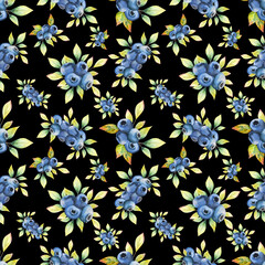 Fototapeta na wymiar Watercolor seamless pattern. Design on a black background with blueberry leaves. Berry seamless design.