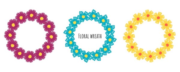 Set of circle brush strokes, hand drawn frame with a wreath of flowers. Vector illustration