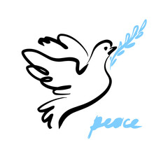 Dove of peace icon logo illustration in hand drawn line style. Flying bird with blue branch. Peace concept. Bird of peace