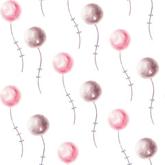 Watercolor seamless background with pink and beige balloons isolated.