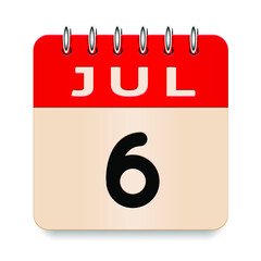6 day of the month. July. Flip old formal calendar. 3d daily icon. Date. Week Sunday, Monday, Tuesday, Wednesday, Thursday, Friday, Saturday. Cut paper. White background. Vector illustration. 