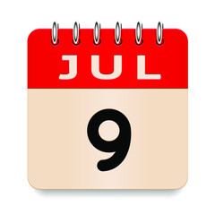 9 day of the month. July. Flip old formal calendar. 3d daily icon. Date. Week Sunday, Monday, Tuesday, Wednesday, Thursday, Friday, Saturday. Cut paper. White background. Vector illustration. 