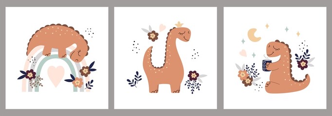 Set of illustrations with cute dinosaurs on a white background. baby shower cards collection. For postcard, poster, kids room decoration and clothes.