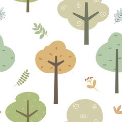Seamless pattern with trees in Scandinavian cartoon style. Print for fabric or wrapping paper, banner, cover. Vector illustration.