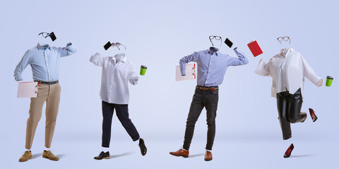Four stylish invisible persons wearing modern business style outfits and eyeglasses standing against blue background. Concept of fashion, style