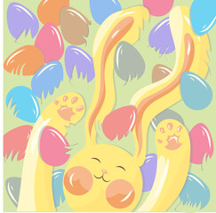 Happy Easter. A set of vector Easter illustrations. Easter eggs on a plate. Flowers, Easter eggs, rabbit. Spring flower illustration. Perfect for a poster, cover, or postcard.