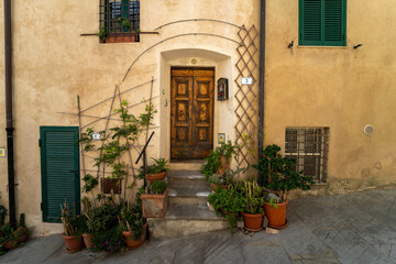 Porte en bois dans rue en pente avec fenêtres aux volets verts pots de fleurs et plantes.