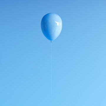 Single Air inflatable blue balloon with a white thread on a light blue background. 3d render.