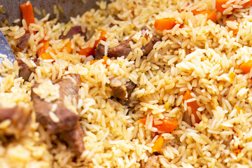 Pilaf in a vat close-up