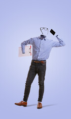Portrait of invisible man wearing modern business style outfit talking on phone against blue background. Concept of fashion, creativity