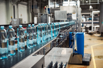 Bottling plant - Water bottling line for processing and bottling carbonated water into blue bottles. Selective focus.