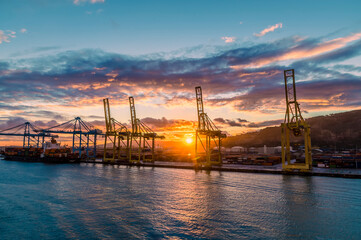 A view across the port of Barcelona at sunset on a spring day
