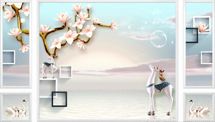 3d wallpaper tree murals flower with dear and swan, water reflection background