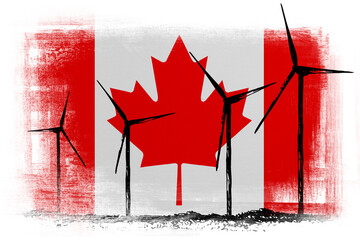 Wind energy generators on background in colors of national flag. Canada