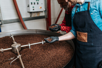 Men's hands holding freshly roasted aromatic coffee beans over a modern coffee roasting machine.
