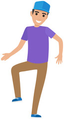 Happy and cheerful man with jumping up. Celebration party, fun activity, feeling excited concept. Male character dancing, moving rhythmically. Person in dance rejoices. Joy of victory, success