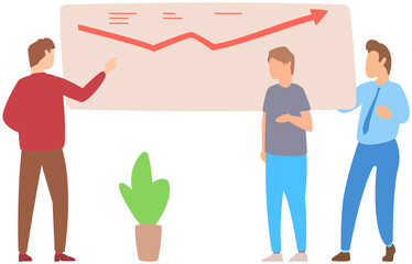 Manager makes presentation of statistical report analysis charts. Planning business. Teamwork consulting for project management, financial reporting and strategy. Data analysis research statistics