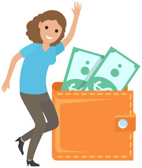 Happy businesswoman with cash, money, banknotes. Lady dancing near wallet with currency bills. Positive woman rejoices at wealth and business success. Female character in dance next to finance