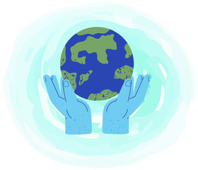 Globe between human hands. Planet with world ocean and continents. Earth model in hands. Symbol of caring for nature, environment and ecology of planet. Person protects Earth vector illustration
