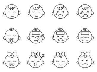Baby face icon, happy, crying, sleeping.