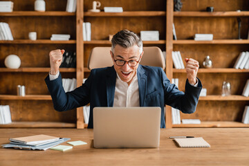 Happy excited caucasian mature middle-aged businessman freelancer ceo boss lawyer employee celebrating success win, dealing with clients, new start-up, working on laptop online in office